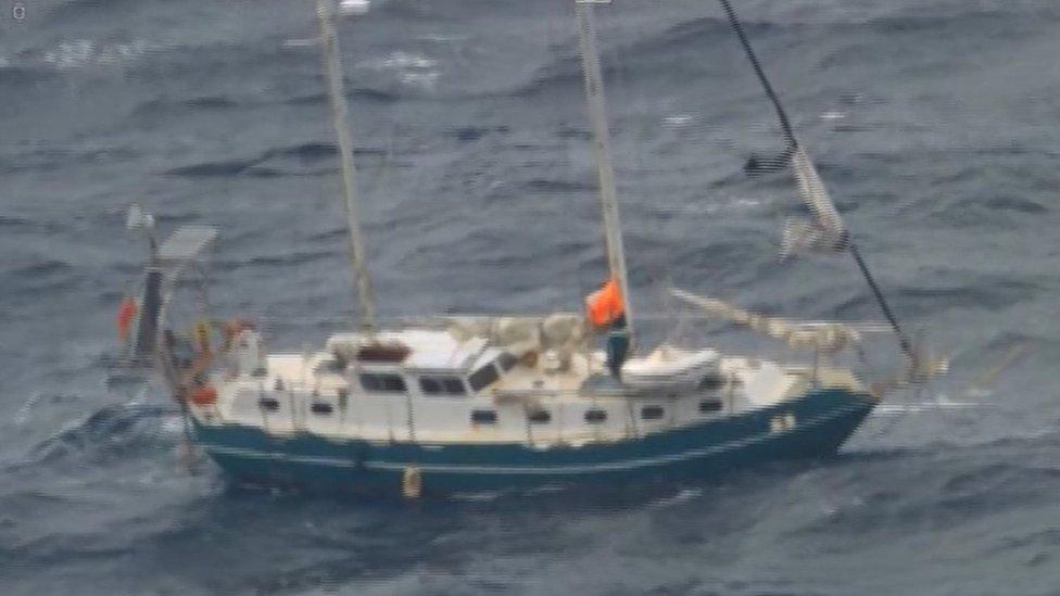 The couple's yacht in heavy seas off the coast of Sydney, Australia.