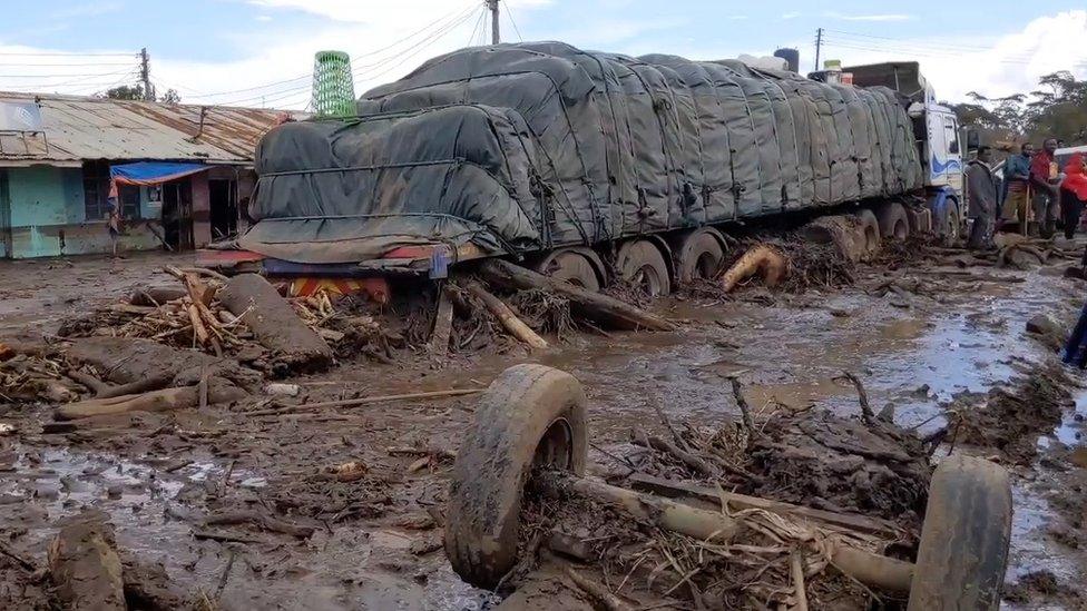 Lorry stuck in mud