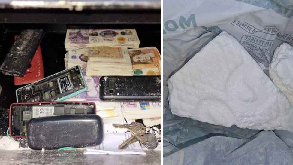 Two images, one showing the inside of a safe with six mobile phones, a set of keys and wads of £20 and £10 notes. A second photo shows a close up of a large white slab of drugs