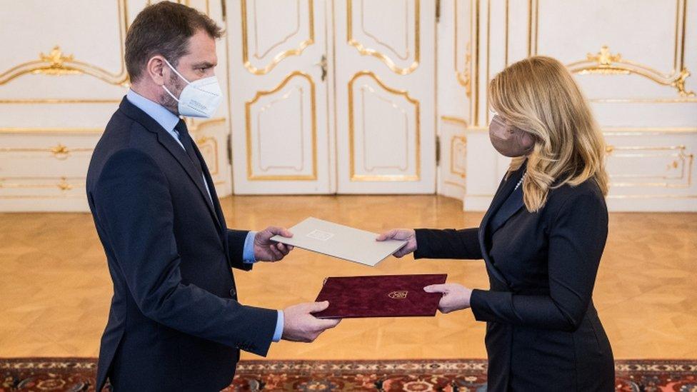 Slovak Prime Minister Igor Matovic (L) delivers his resignation to the President of the Slovakia Zuzana Caputova (R) in Bratislava, Slovakia, 30 March 2021