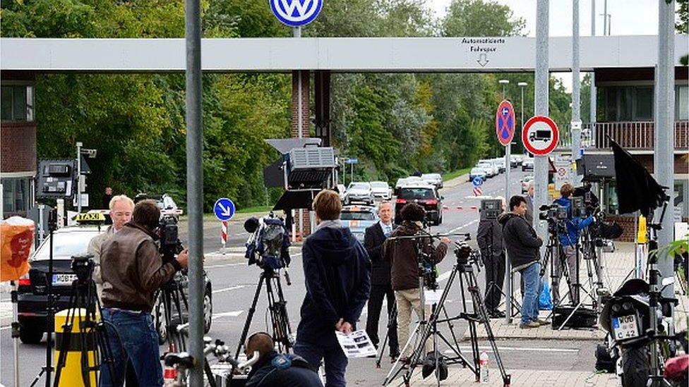 Journalists outside VW HQ