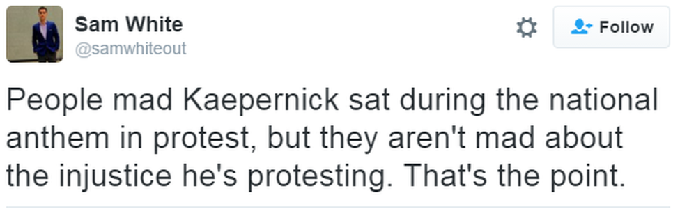 A tweet reads: "People mad Kaepernick sat during the national anthem in protest, but they aren't mad about the injustice he's protesting. That's the point."