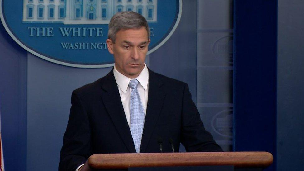 Ken Cuccinelli briefs reporters on a rule that penalises immigrants who need federal assistance.