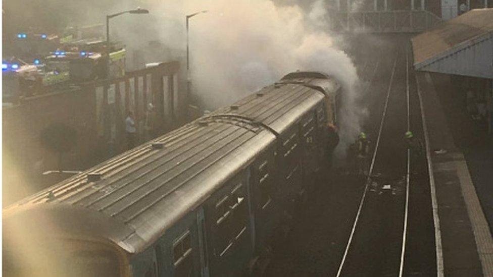 The train on fire at Caerphilly railway station