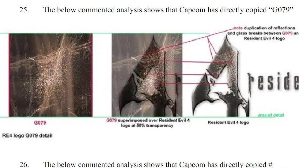 A composite image taken from court filings shows a pattern of broken glass in a photograph, and the exact same pattern within the numeral 4 of the Resident Evil 4 logo