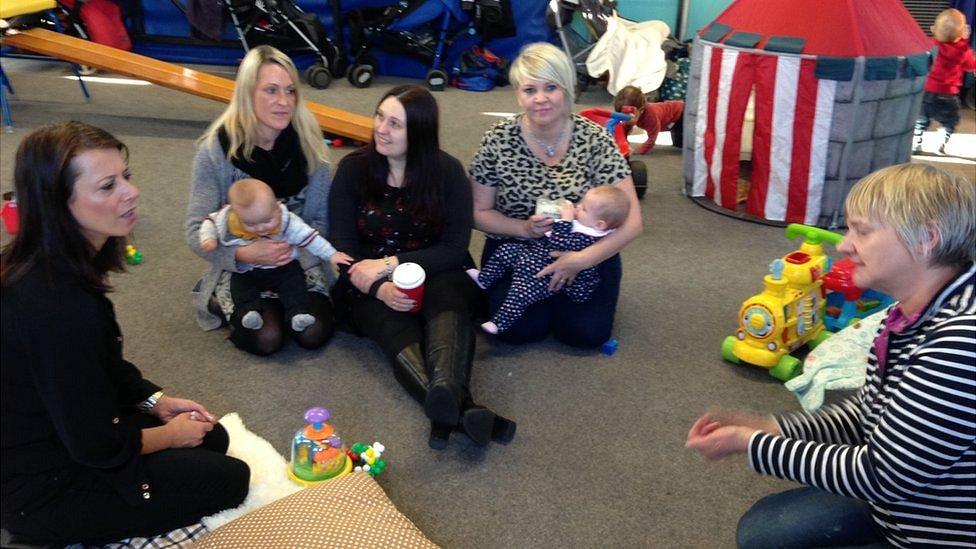 Labour MP Gloria de Piero talks to new mothers at a nursery in her constituency