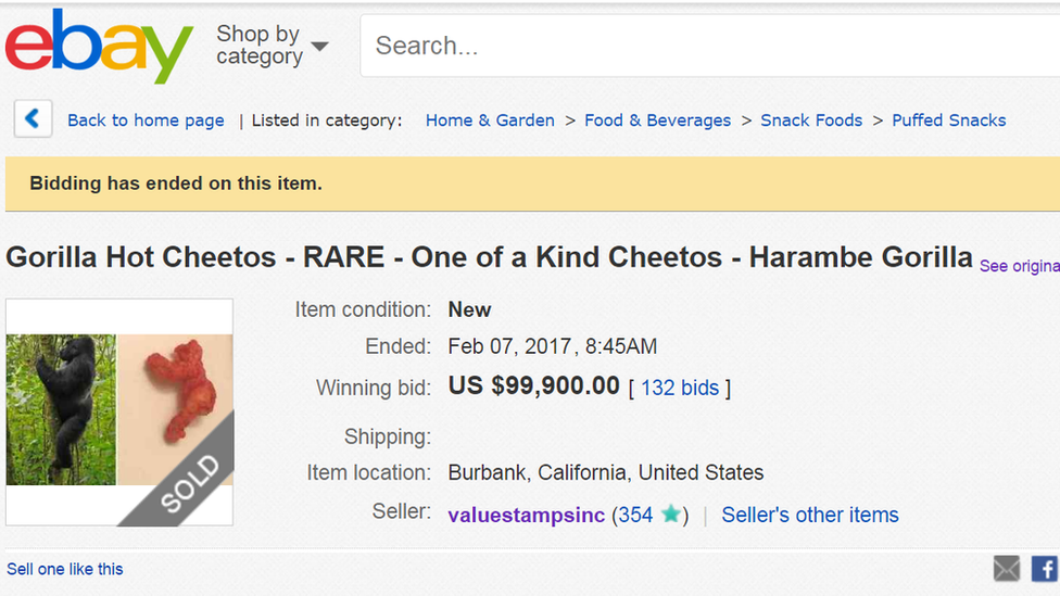 Screen grab of Ebay page for "gorilla hot cheetos" auction