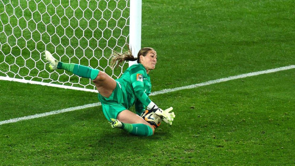 Mary Earps saving a penalty in the World Cup final against Spain