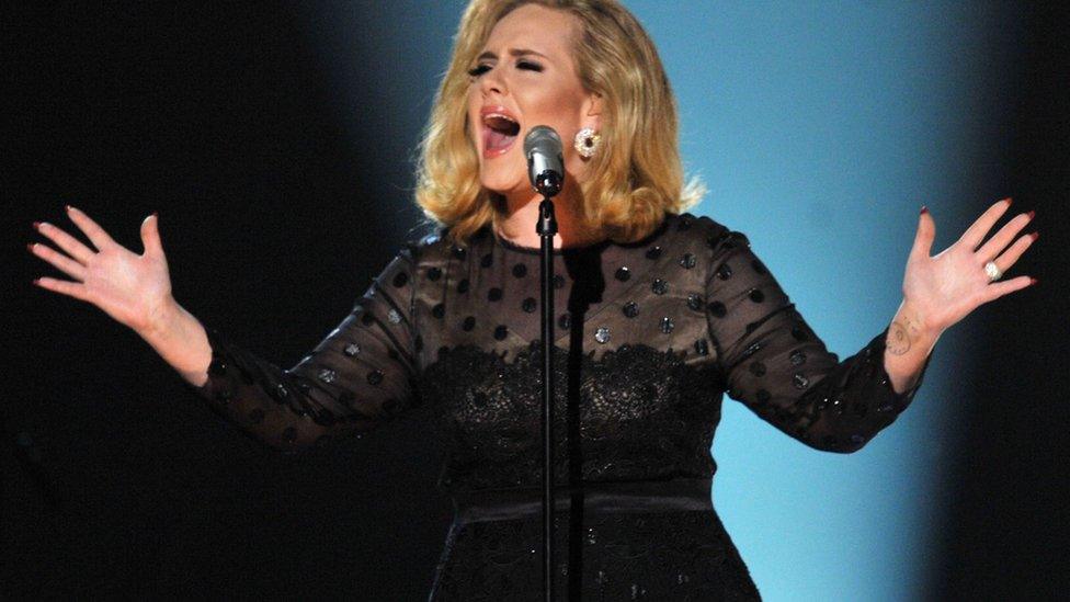 Adele performing onstage at the 54th Annual GRAMMY Awards held at Staples Center on February 12, 2012