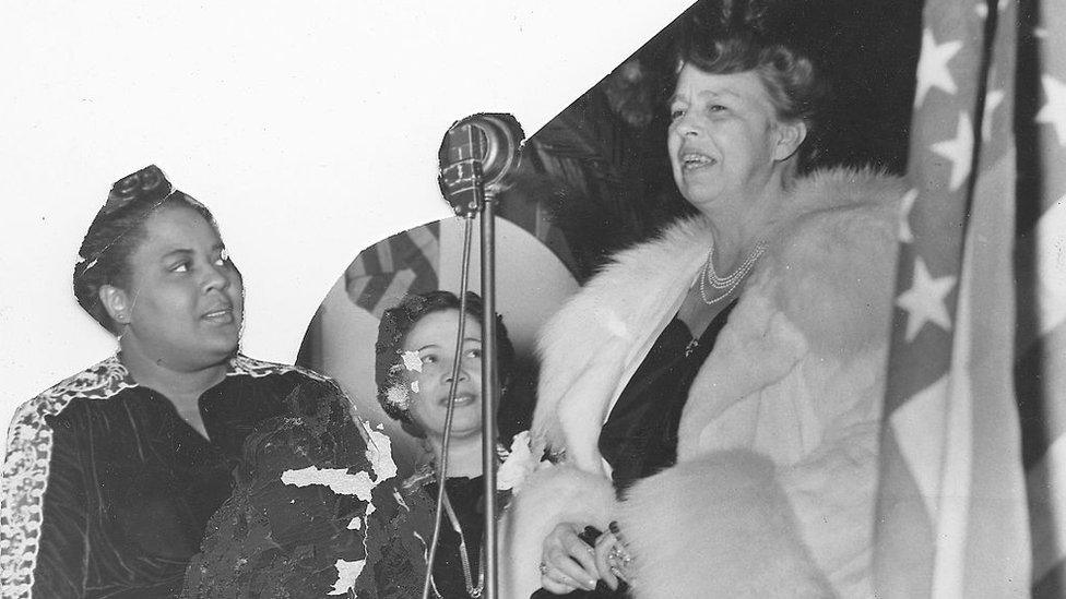 Former United States First Lady Eleanor Roosevelt delivering a speech at Bennett College Home-Making Institute, Greensboro, North Carolina.