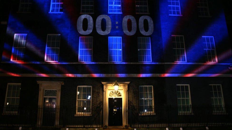 The Brexit countdown clock is projected onto Number 10 Downing Street on January 31, 2020