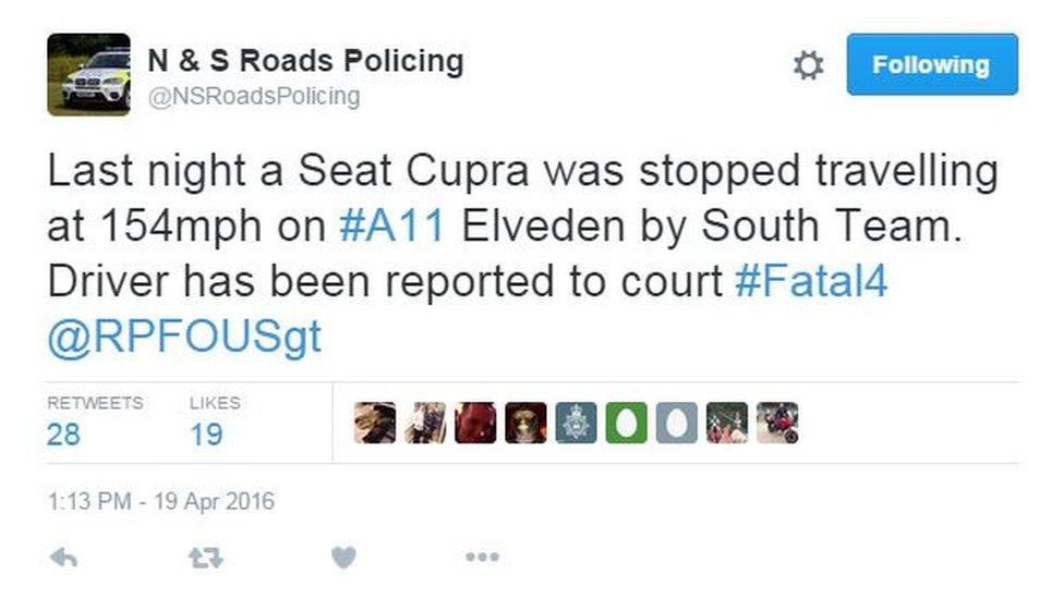 Tweet by N&S Roads Policing Unit