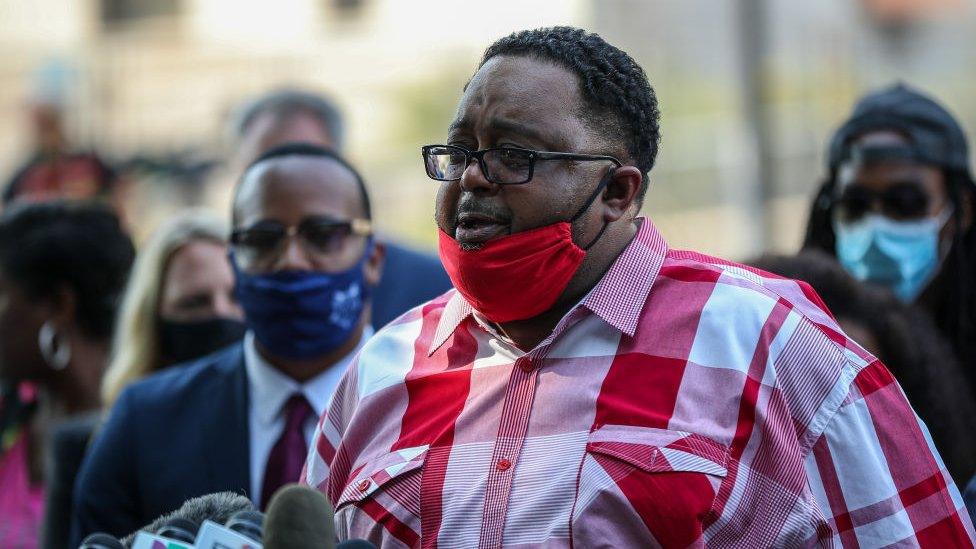 Jacob Blake's father speaks in front of the Kenosha County Courthouse in Kenosha, Wisconsin, on August 25, 2020