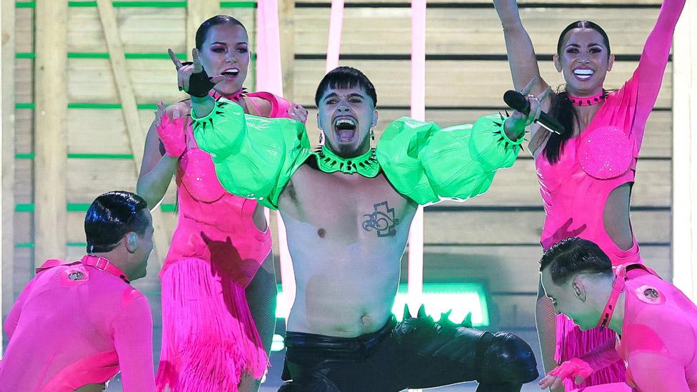 Finland's Käärijä and his dancers on stage at Eurovision