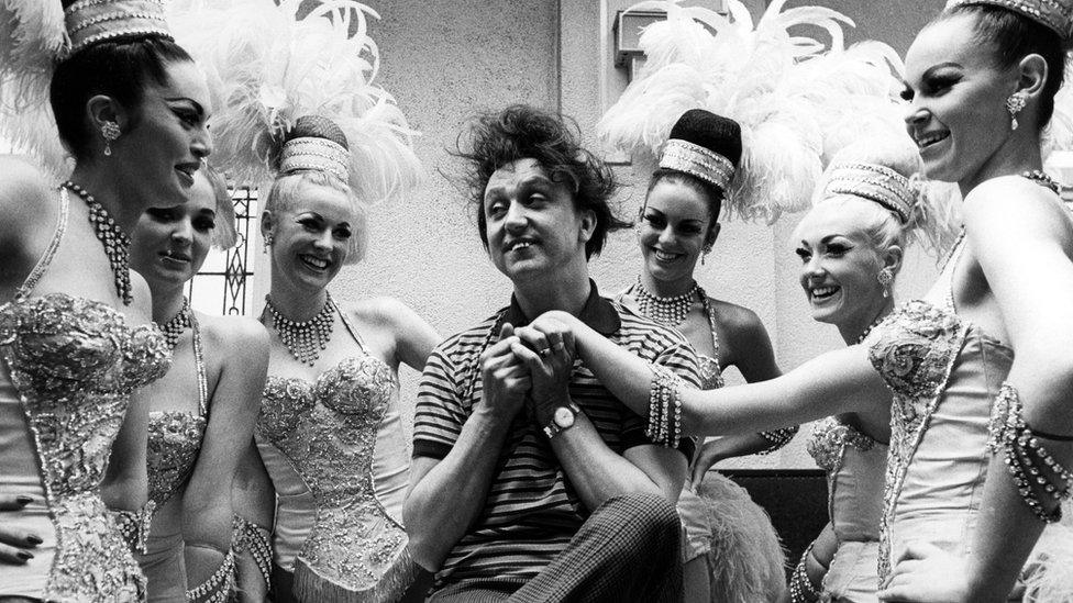 Ken Dodd with the Bluebell Girls, who accompanied him in Blackpool in 1966