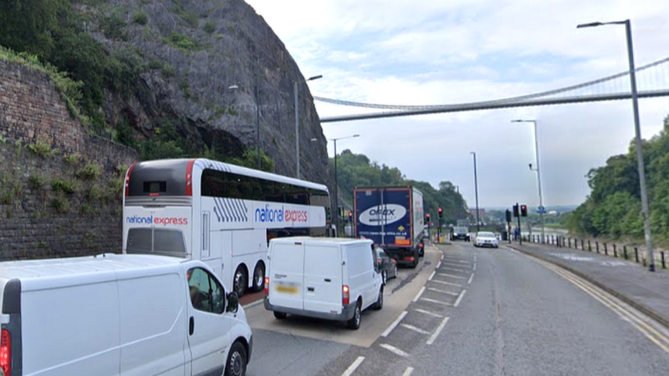 Vehicles queue on the A4 going under the Clifton Suspension Bridge