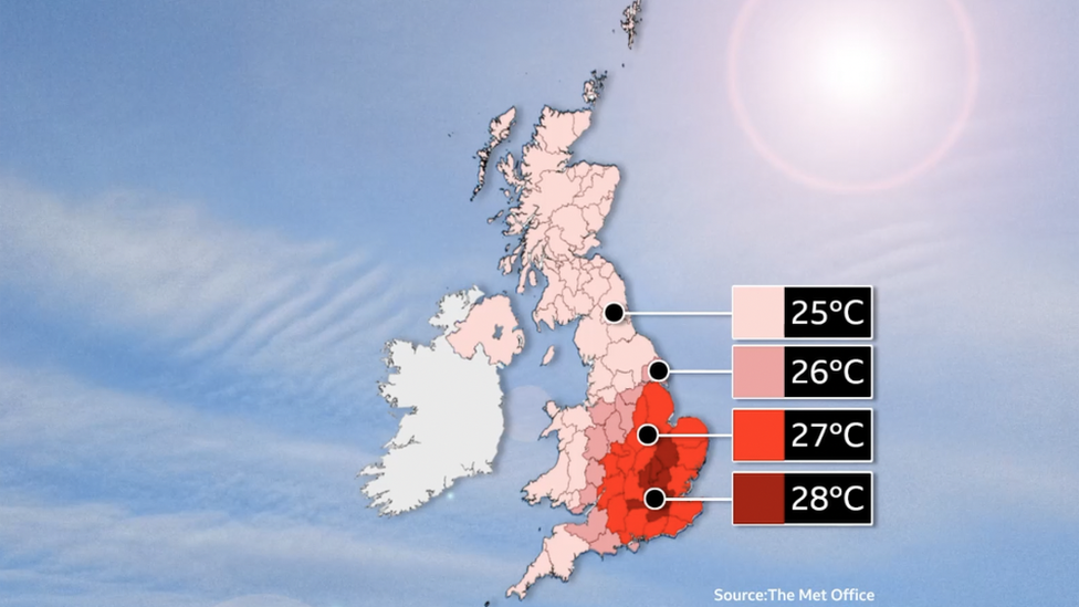 Map of the UK broken down into areas where temperature thresholds need to be exceeded for a heatwave. Either 25 degrees for most of up to 28 degrees for eastern and south-east England.