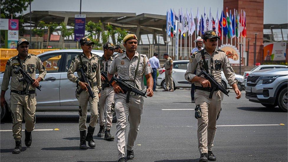 Police officials on alert as Delhi Police along with Traffic Police conduct a Carcade rehearsal for the G20 Delegates ahead of G20 summit at Bharat Mandapam, Pragati Maidan on August 26, 2023 in New Delhi, India