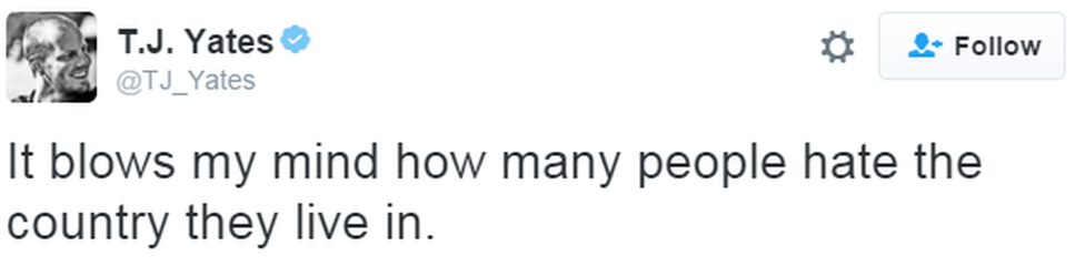 A tweet reads: "It blows my mind how many people hate the country they live in."