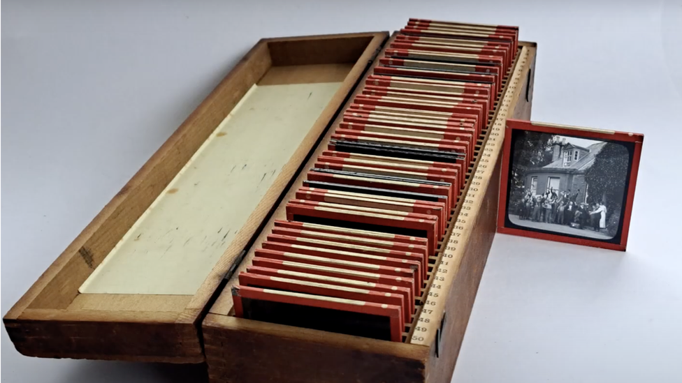 Antique box full of slides