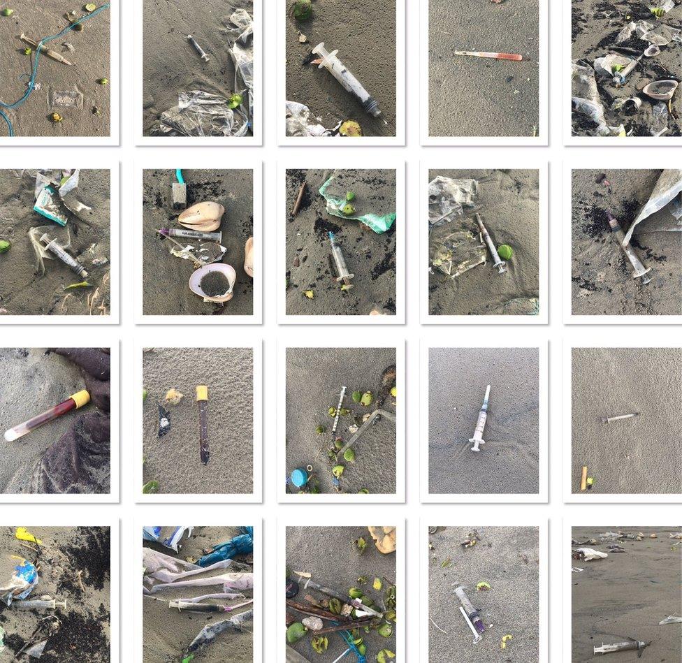 Pictures of medical waste on the beach