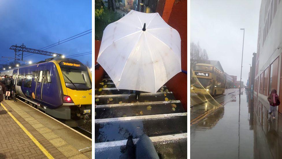 A composite image. It shows Amelka's journey to university. The first image is a train on a platform in the dark. The second is a wet set of stairs , someone is walking in front of Amelka with a white umbella. The third is a rainy high street.