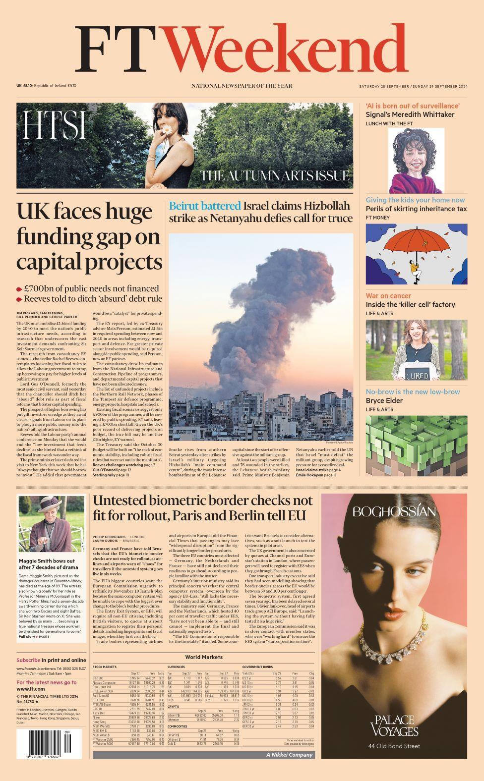 Financial Times front page for 28 September 