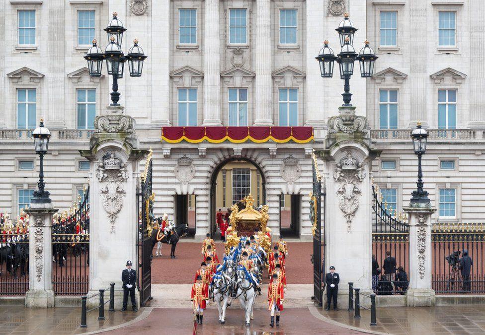 The Gold State Coach leaves Buckingham Palace for King Charles's Coronation in May 2023