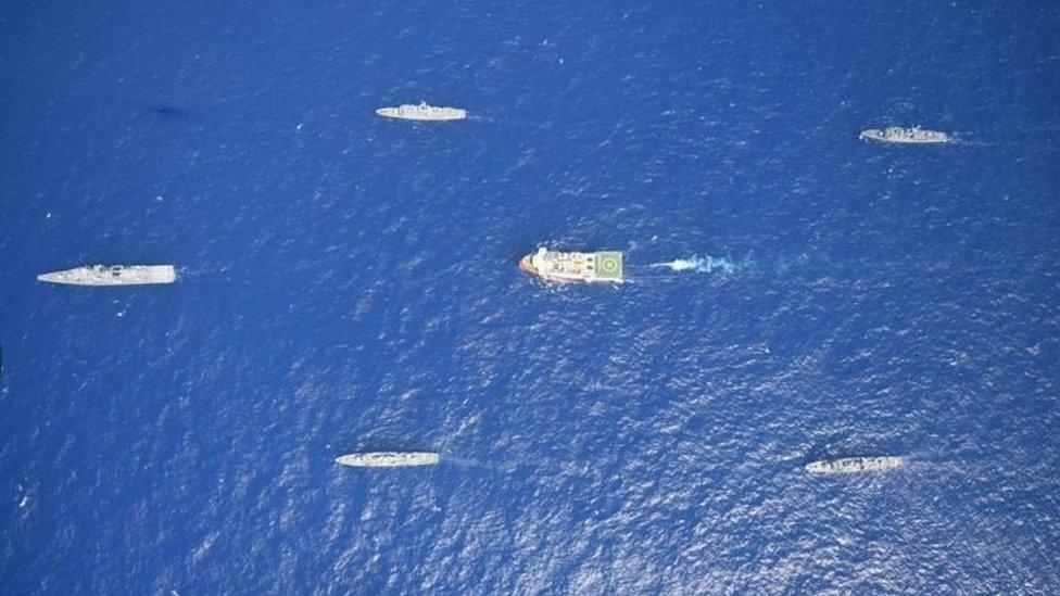 Turkish seismic research vessel Oruc Reis is escorted by Turkish Navy ships as it sets sail in the Mediterranean Sea, off Antalya, Aug 2020