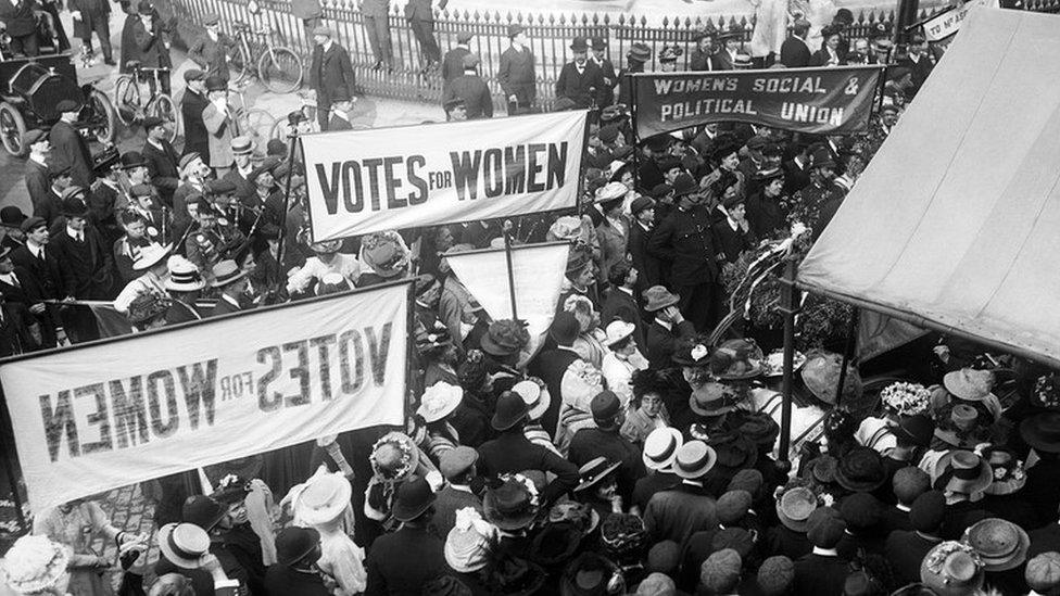 Suffragettes outside the Queen's Hall, central London, 1910