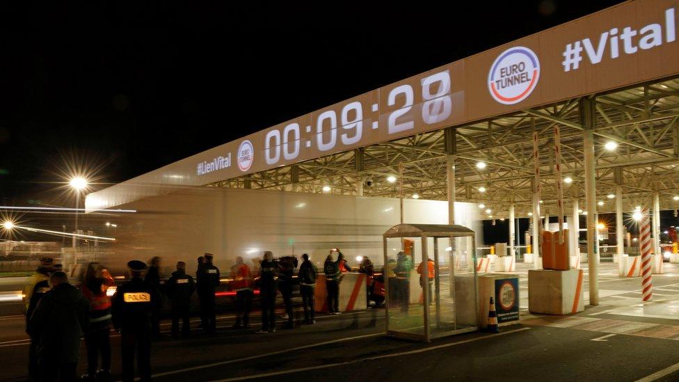 The first trucks leave Eurotunnel's new customs border in Calais just after midnight on 1 January