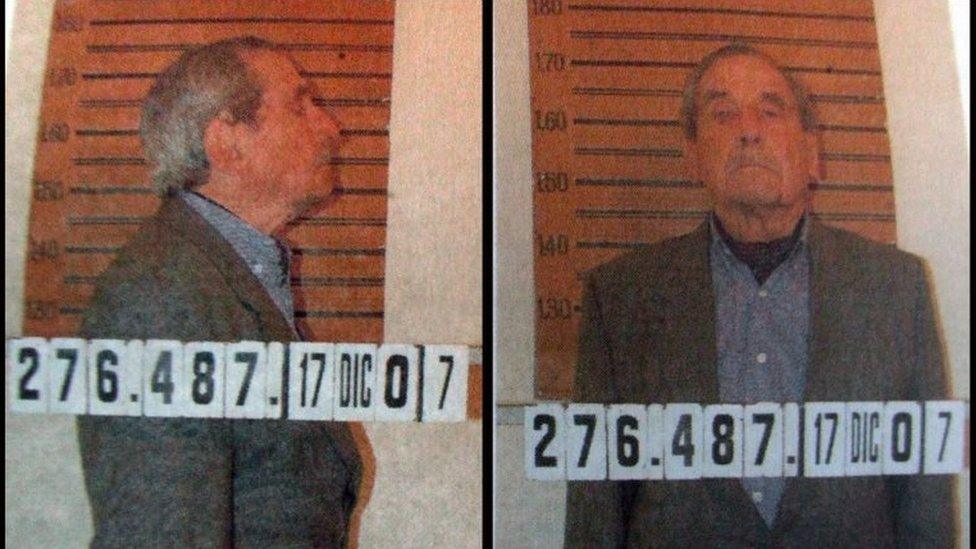 This mugshot taken on December 18, 2007 shows Uruguay's former military dictator, Gregorio Alvarez (1981-1985), who was charged and jailed on 17 December, 2007, pending trial for crimes against humanity for his involvement in the abduction and believed execution of suspected political opponents in 1978, 18 December, 2007