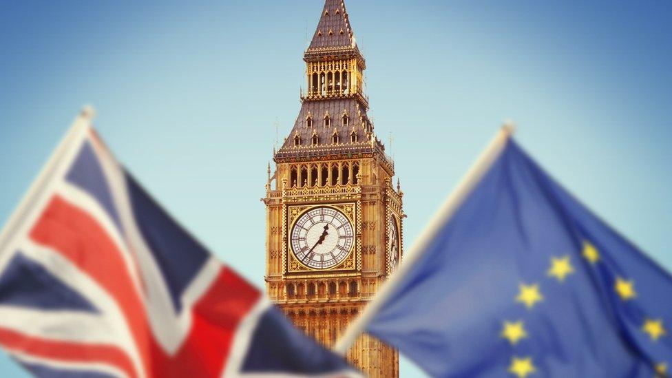 The Union Jack flag and the EU flag in front of Big Ben