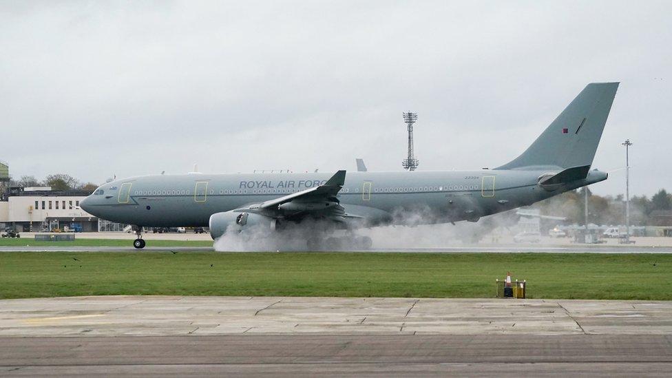 A Royal Air Force Voyager comes in to land after taking part in the first flight in the UK using 100% Sustainable Aviation Fue