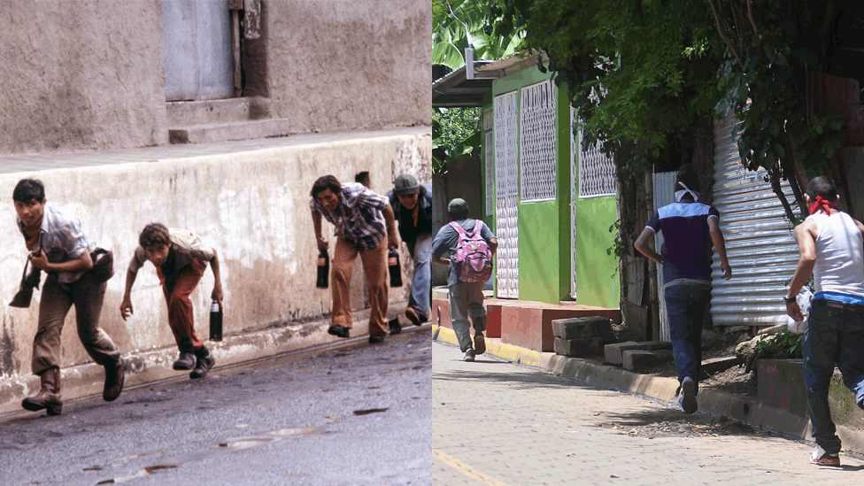 Sandinistas run along a wall in 1978/ Masked young men run along a front of houses in 2018