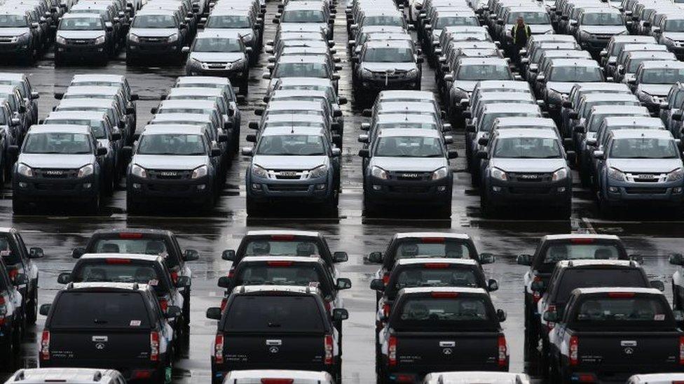 New cars and trucks in a compound in Sheerness, Kent