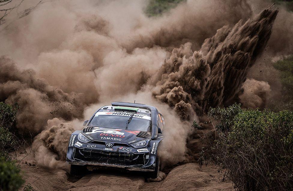 Welsh driver Elfyn Evans steers his Toyota GR Yaris with co-driver Scott Martin during the World Rally Championship in Gilgil, Kenya on 21 March.