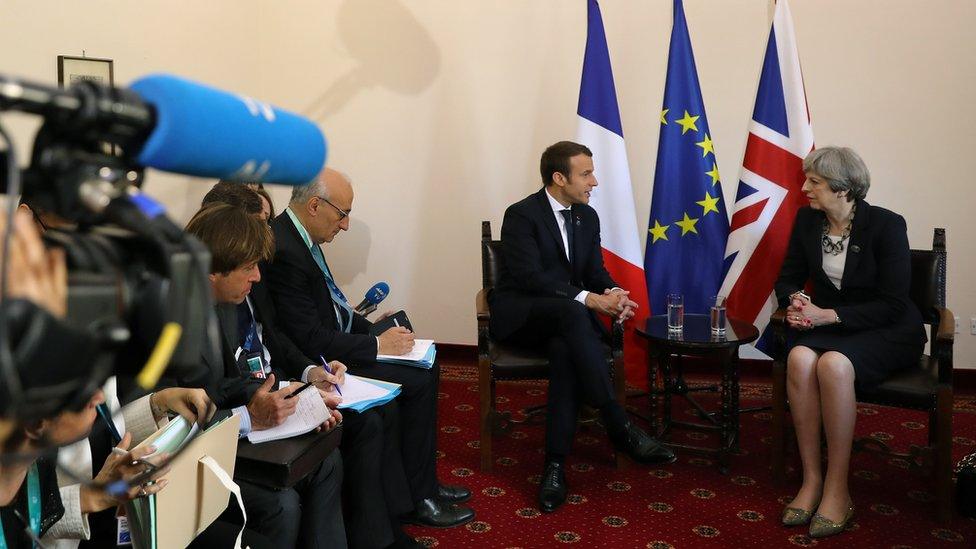 French President Emmanuel Macron meets the UK Prime Minister Theresa May on 26 May 2017