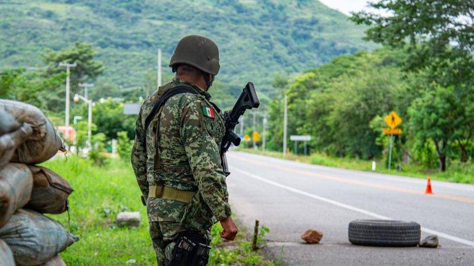 Members of the Mexican Army participate in a patrol and reconnaissance mission of the urban and rural area of the municipality of Frontera Comalapa, in the state of Chiapas, Mexico, 27 September 2023