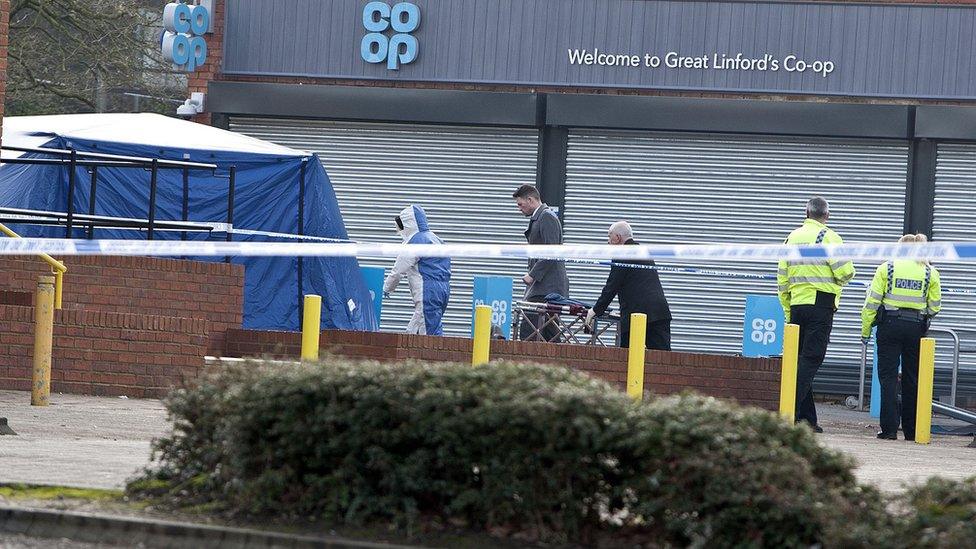 Police and forensics at the death scene near the Co-Op at Great Linford