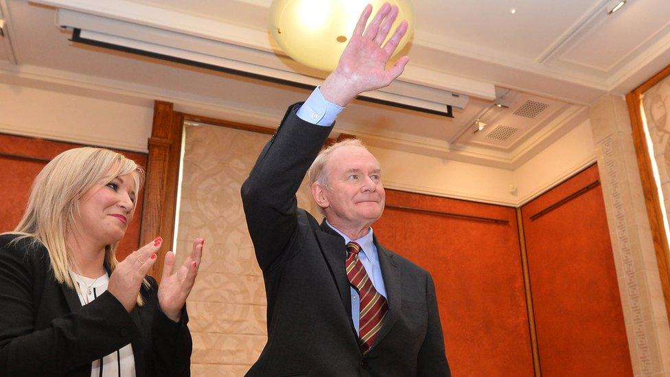 Michelle O'Neill stands with Martin Mcguinness in January 2017