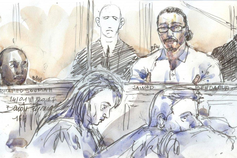 This courtroom sketch created at the Palais de Justice court in Paris on 24 January 2018 shows Jawad Bendaoud in the dock