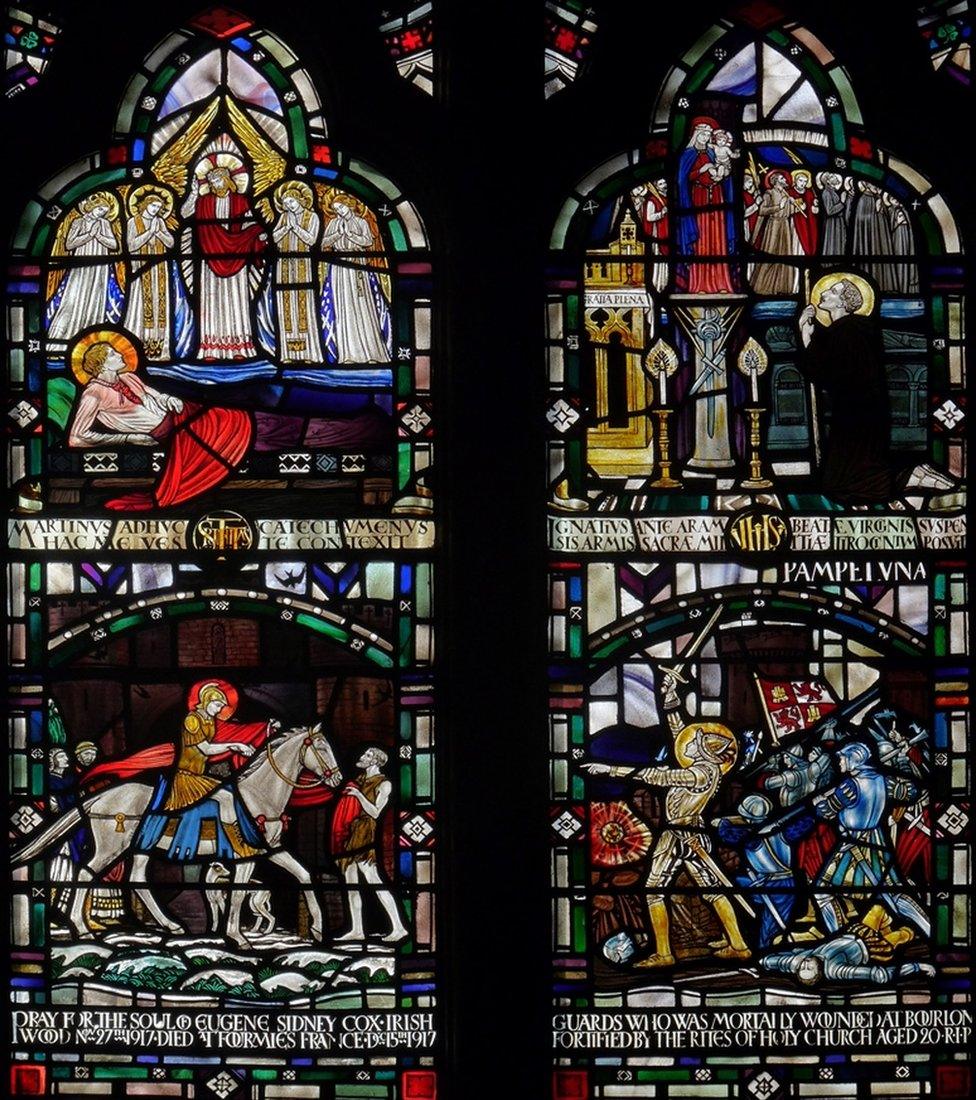 A window depicting soldiers at Shrewsbury Cathedral