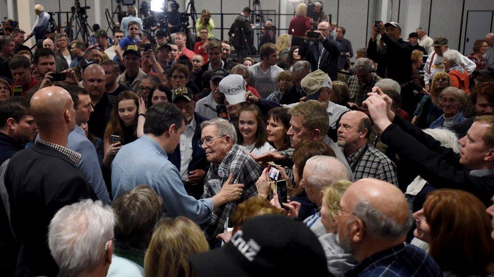 U.S. Republican presidential candidate Ted Cruz greets supporters at a campaign rally in Rothschild, Wisconsin March 28, 2016.