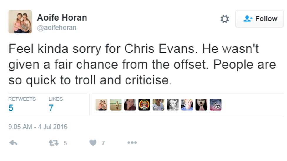 Aoife Horan Tweeted: 'Feel kinda sorry for Chris Evans. He wasn't given a fair chance from the offset. People are so quick to troll and criticise.'