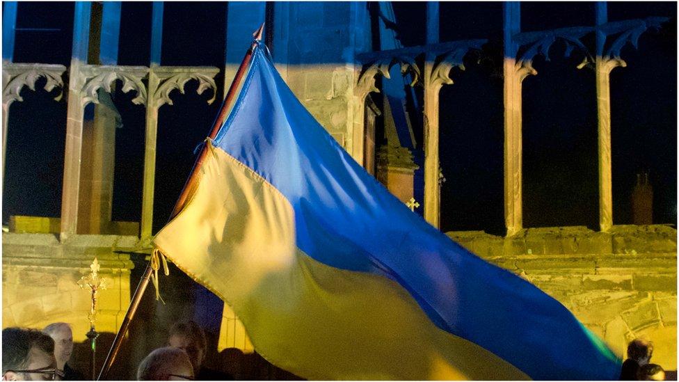 Cathedral ruins in yellow and blue