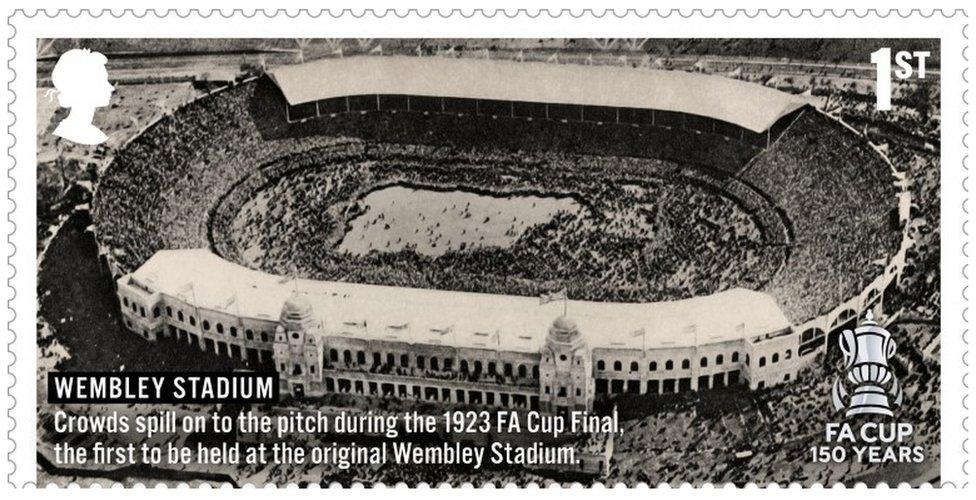 Undated handout photo issued by Royal Mail of the stamp showing Wembley Stadium - Crowds on the pitch at the 1923 Final -