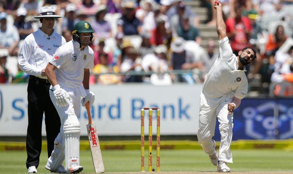 Indian bowler Mohammed Shami bowls on the first day of the First Test in Cape Town