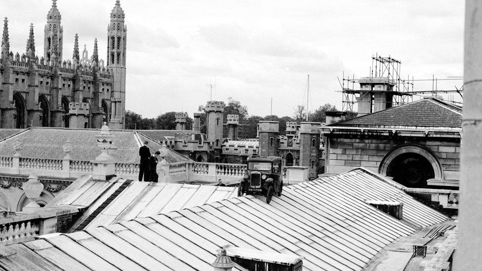 An Austin 7 on the roof of the Senate House