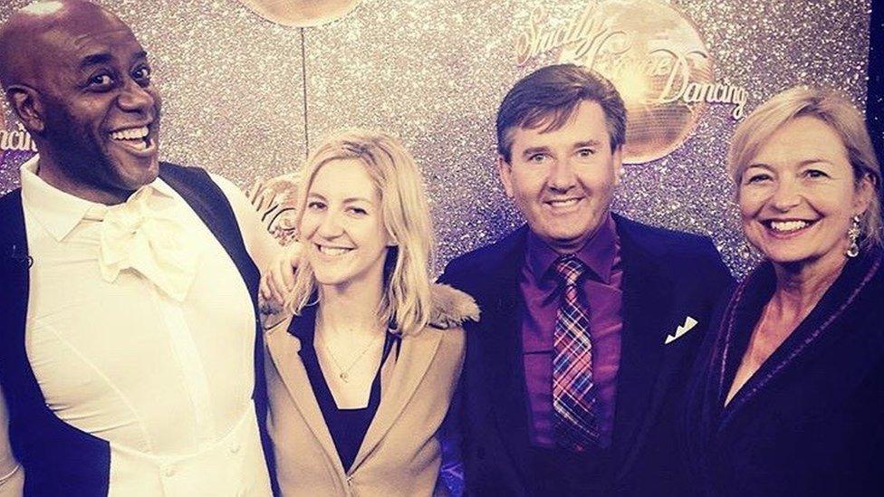 Leah gyda rhai o'i hoff sêr o Strictly 2015, Ainsley Harriott, Daniel O'Donnell a Carol Kirkwood